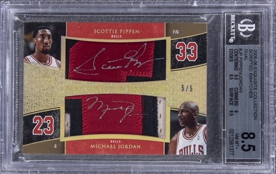 2005-06 UD "Exquisite Collection" Scripted Swatches Dual #JP Scottie Pippen/Michael Jordan Dual Signed Game Used Patch Card (#5/5) – BGS NM-MT+ 8.5/BGS 10